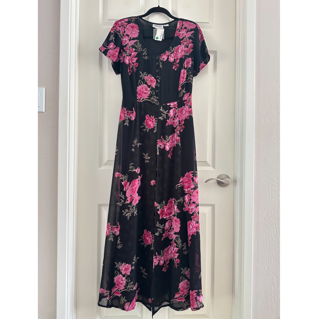 Vintage Indira Floral Maxi Dress Black Pink Fly Front Women’s Size Small Nwt